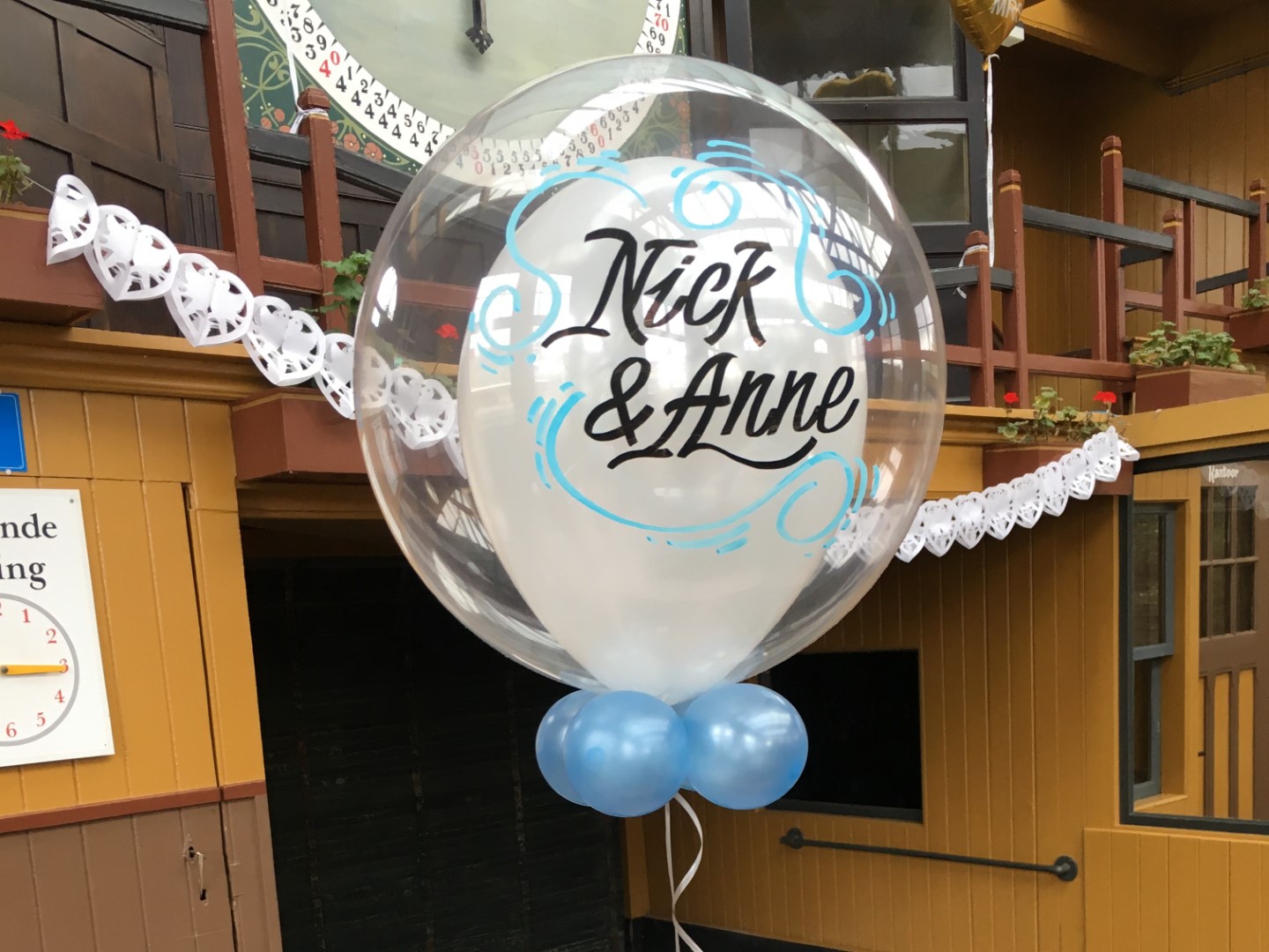 Decobubbels, verkrijgbaar in 50 of 60 cm. Ballon in ballon om in heliumboeketten te verwerken of individueel met een ballongewicht als decoratie te bestellen. Beschrijven met tekst of namen op aanvraag.
