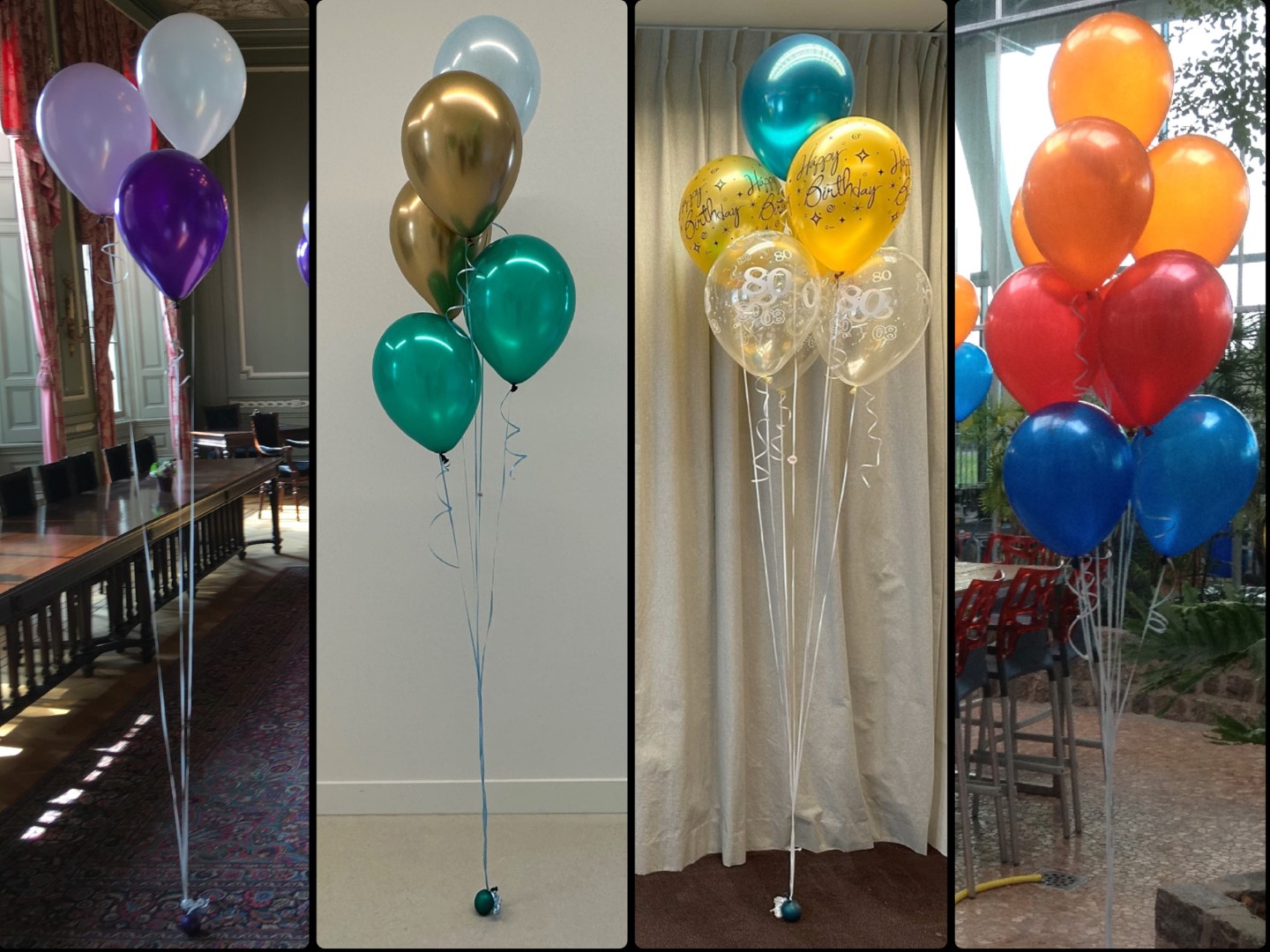 Heliumboeketten, samen te stellen met 3, 5, 7, of 10 heliumballonnen aan lang lint voorzien van een ballongewichtje om op de grond te plaatsen. Hoogte is op aanvraag aan te passen.