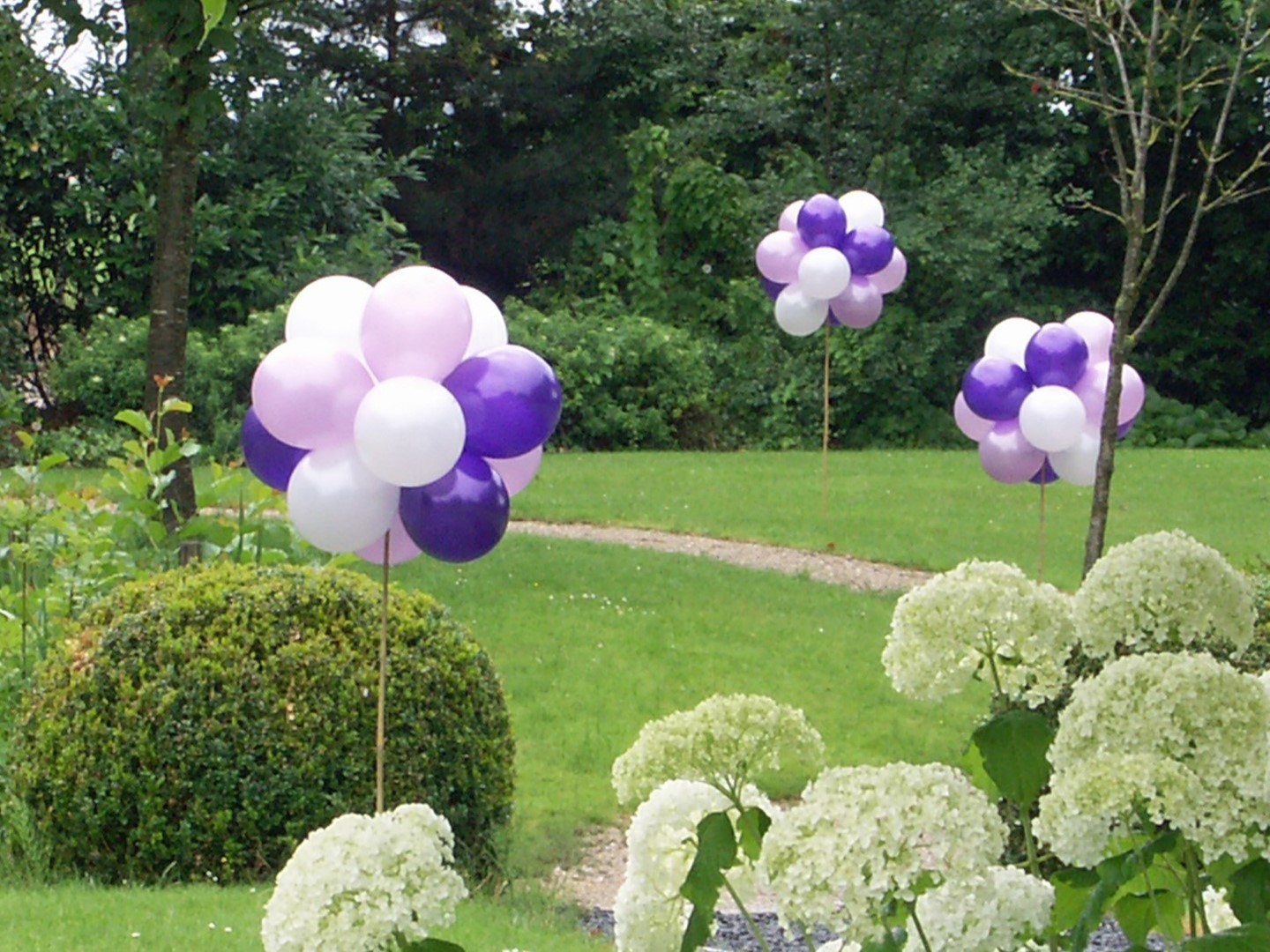 Topiary op Bamboestok, luchtgevulde ronde ballonwolken op een bamboestok gemonteerd om in de grond te prikken. Kan eventueel ook op een verzwaarde standaard geleverd worden