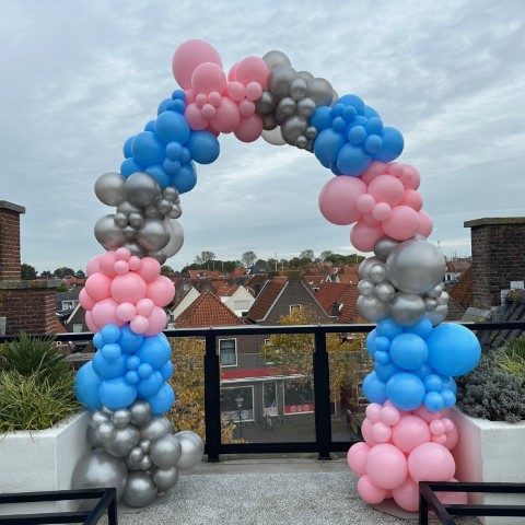 Organische gender reveal boog in roze, lichtblauw en zilver