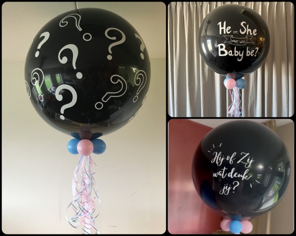 Gender Reveal Ballon, grote heliumballon gevuld met roze of blauwe heliumballonnen en confetti. Om met een knal het gender bekend te maken.