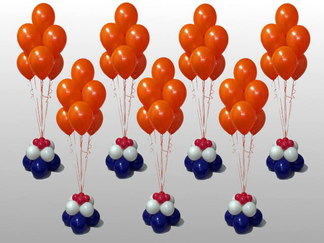 7 koninklijke helium grondboeketten aan lint en voorzien van een verzwaard grondcluster van ballonnen